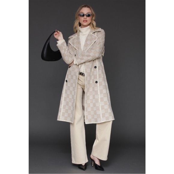 New Avec Les Filles Wool Blend Checkered Blanket Stitch Coat Sand XS $290 - Picture 1 of 6